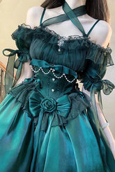 BXOXO - Green Midsummer Dream Short Sleeves Ruffle Hanayome Off-The-Shoulder Gothic Short Lolita Dress
